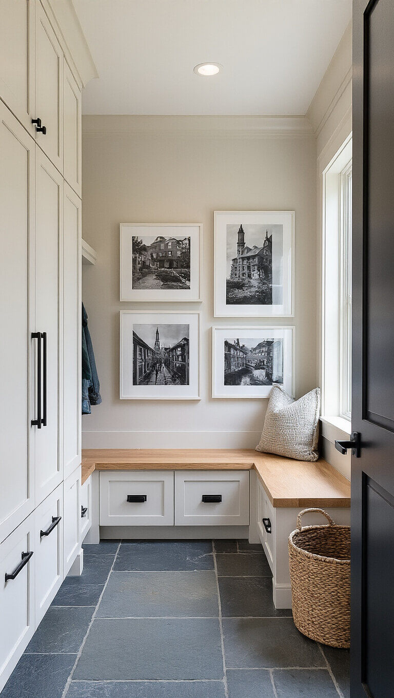 Contemporary 10x12ft mudroom with white oak custom storage, black hardware, built-in bench with drawers, black and white photo gallery wall, and slate flooring.