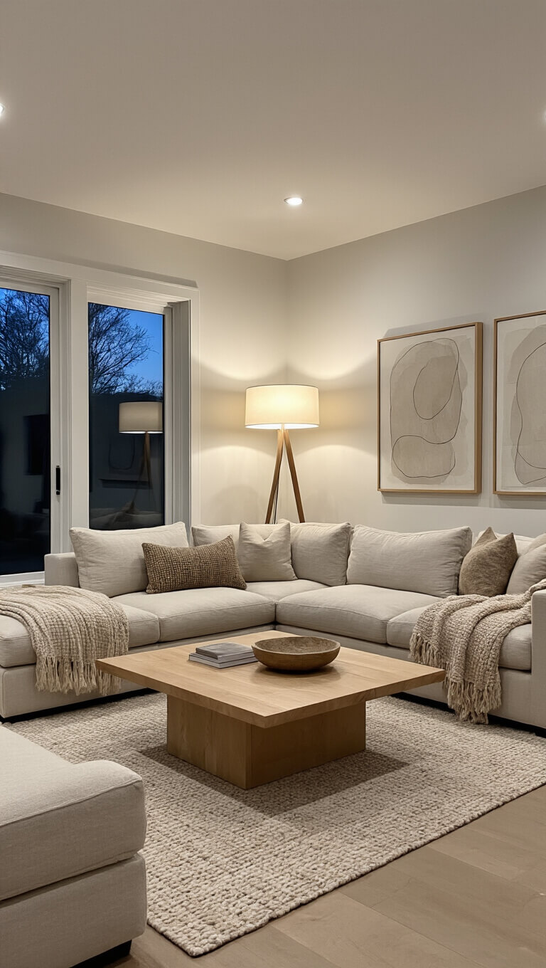 Minimalist 14x16ft family room at twilight with oatmeal linen sectional, light maple coffee table, oversized floor lamp, neutral textured décor, abstract floating art, and ambient accent lighting.