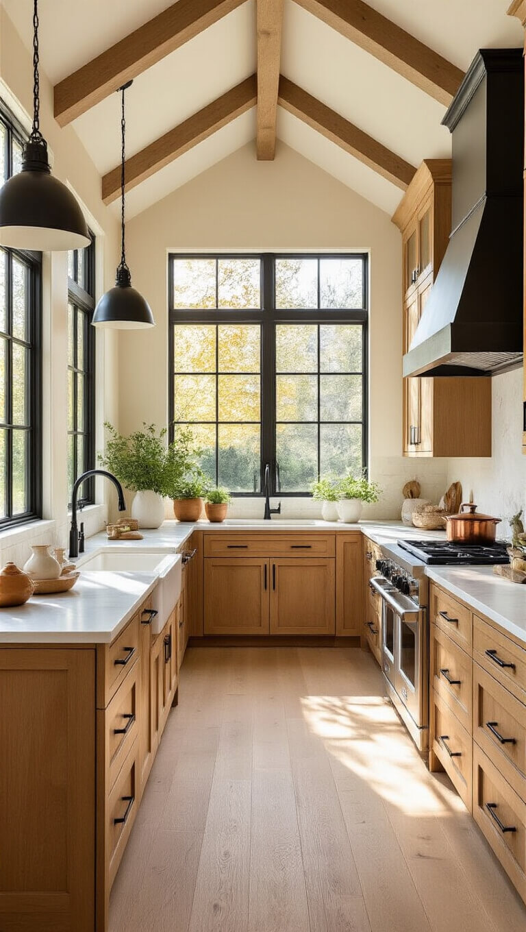 Sunlit transitional kitchen with honey hickory cabinets, waterfall quartz island, matte black fixtures, and copper accents, captured at golden hour.