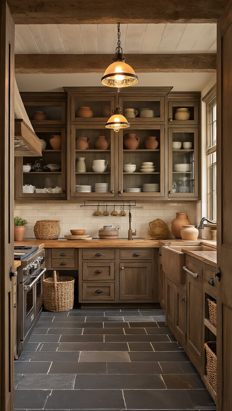 Rustic 12x14ft farmhouse kitchen at dusk with warm lighting, hickory cabinets, slate floors, and vintage decor.