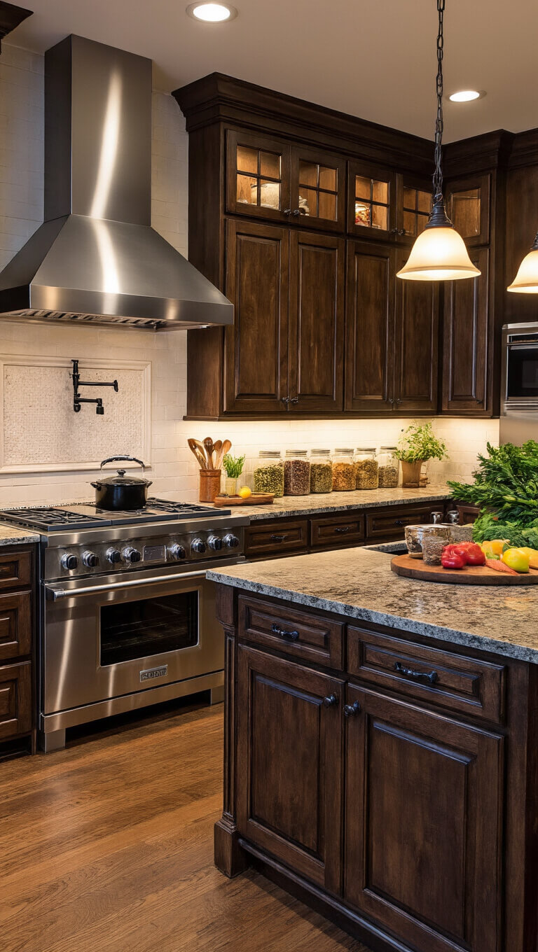Chef's kitchen at twilight with hickory cabinets, stainless steel appliances, leathered granite island, and under-cabinet lighting casting dramatic shadows.