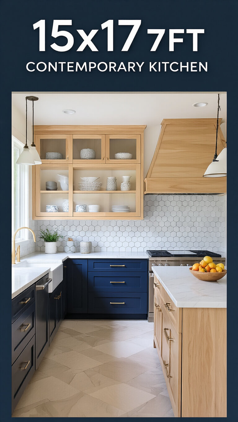 Contemporary 15x17ft kitchen with light hickory upper cabinets, navy blue lowers, marble countertops, and hexagon tile backsplash in morning light.