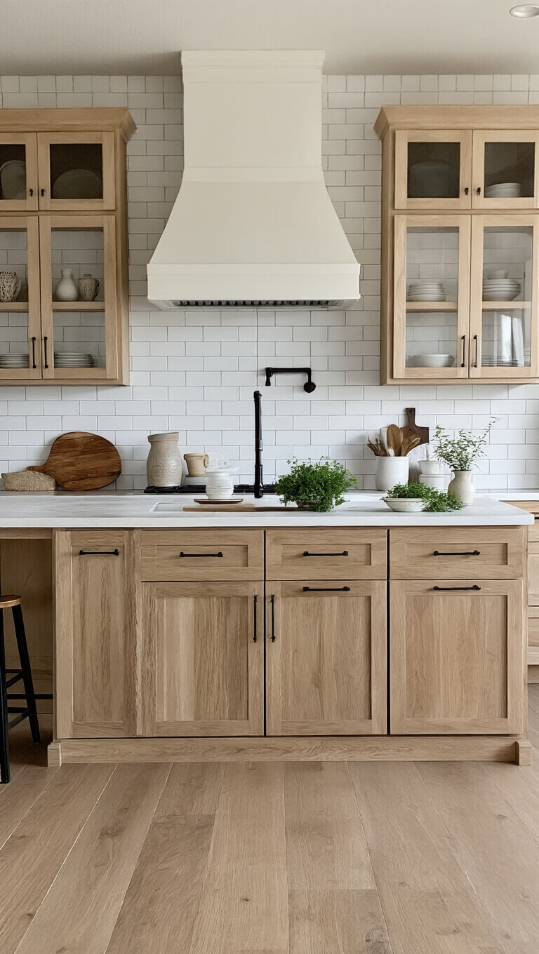 Modern farmhouse kitchen with hickory Shaker cabinets, white ceramic tile backsplash, mixed metal accents, and white oak floors, viewed from island with vintage and artisanal decor.