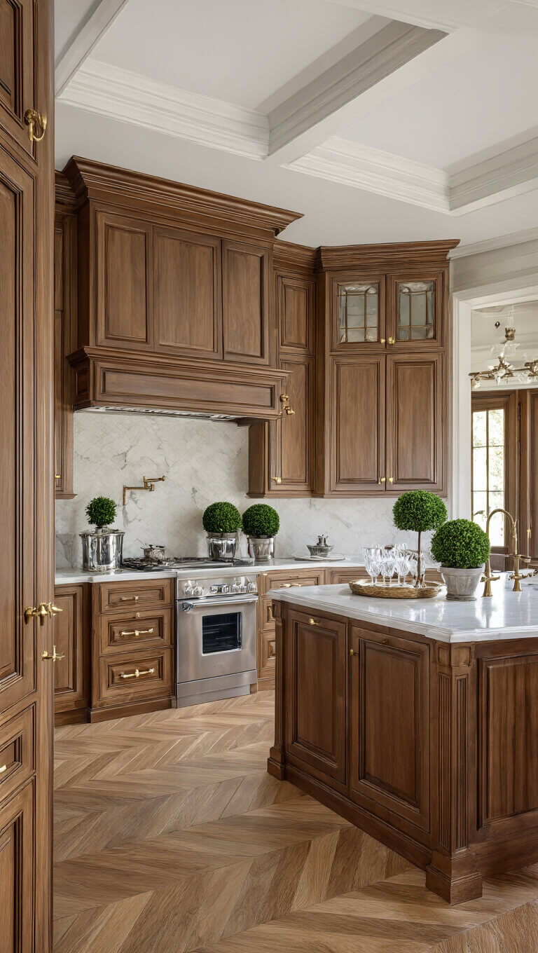 Traditional 14x16ft kitchen with rich hickory cabinets, warm white quartzite counters, antique brass fixtures, herringbone wood floors, and elegant decor in afternoon light.