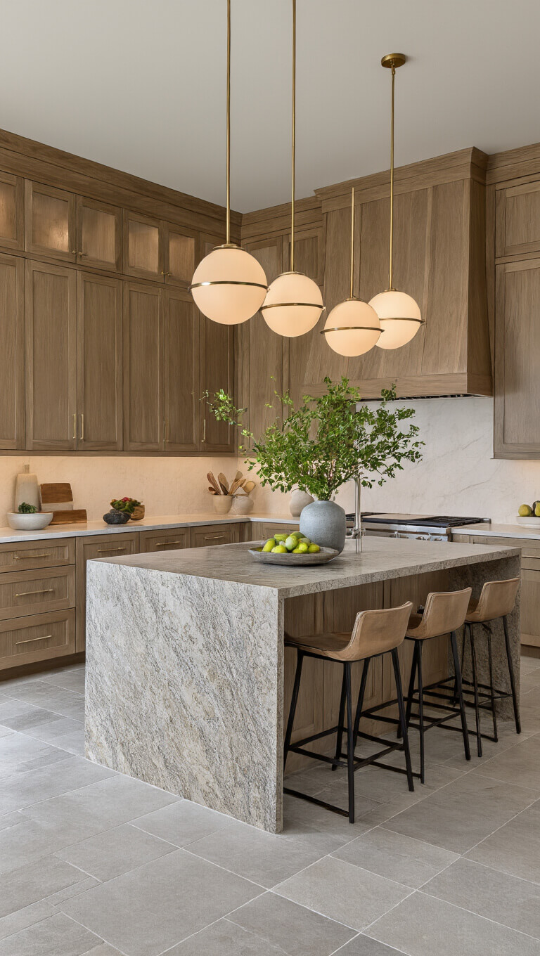 Transitional 15x18ft kitchen at dawn with hickory cabinets, honed granite waterfall island, brass globe pendants, porcelain tile floors, and modern decor.