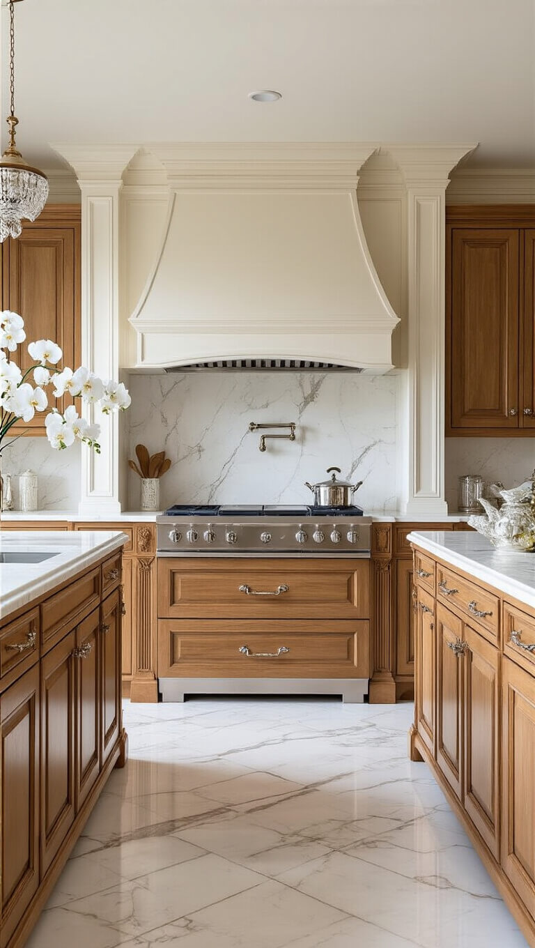 Elegant classical kitchen with hickory cabinets, Calacatta marble surfaces, and silver accents in soft afternoon light.