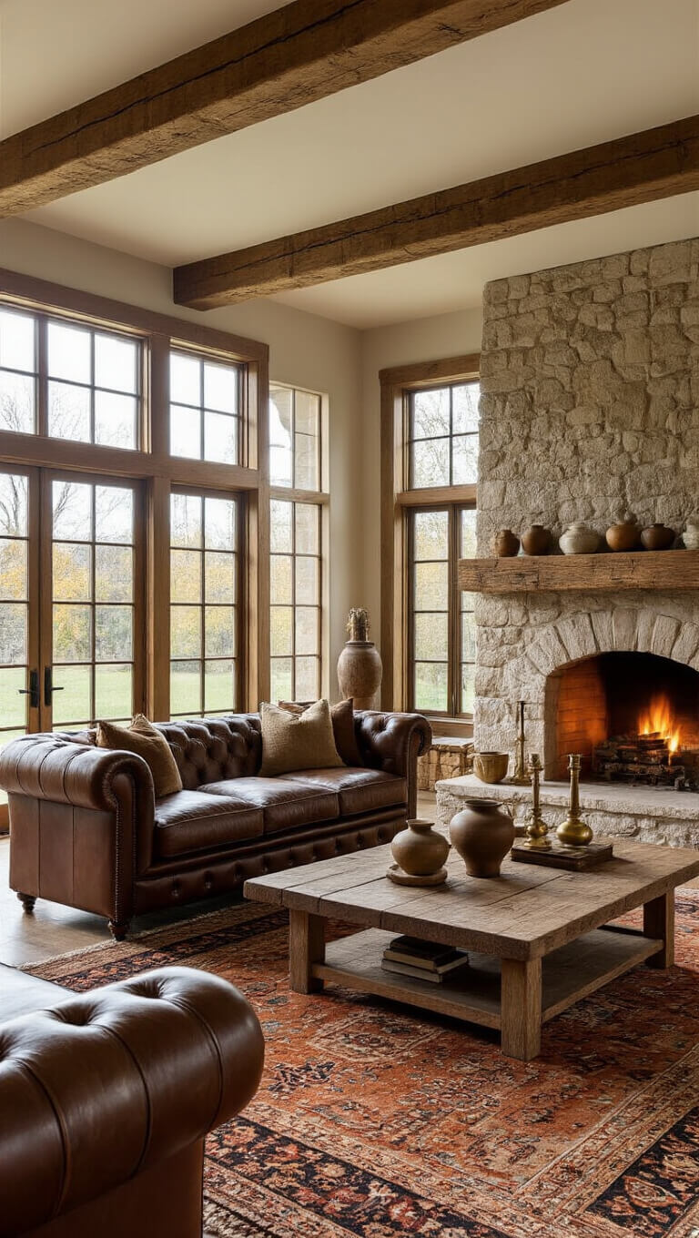 Golden hour light fills a spacious living room with exposed wooden beams, stone fireplace, leather Chesterfield sofa, Persian rugs, and rustic decor.