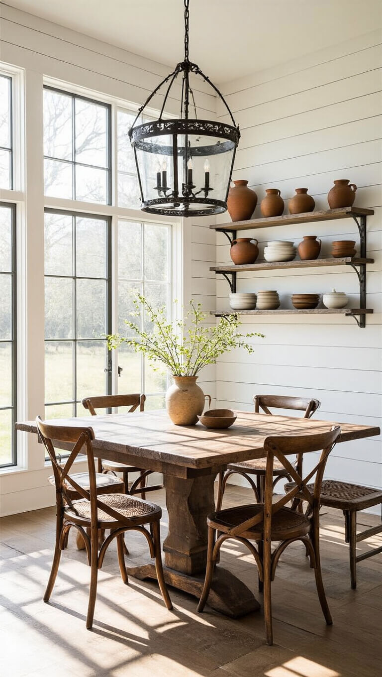 Low-angle view of a cozy 12x14ft dining nook with a walnut farmhouse table, vintage chairs, and iron chandelier, bathed in morning light through floor-to-ceiling windows.