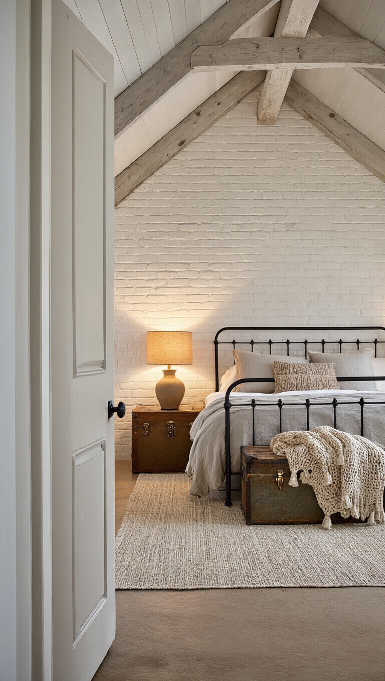 Cozy 10x12ft bedroom at dusk with vaulted ceiling, exposed wooden rafters, king-sized wrought iron bed, linen bedding in neutral tones, vintage trunk nightstand with ceramic lamp, and whitewashed brick wall.