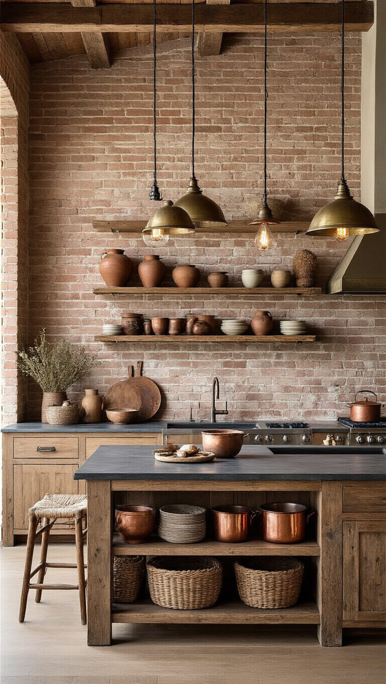 Rustic kitchen with exposed brick wall, open shelves of pottery and copper cookware, barn wood island with soapstone top, and warm pendant lighting.