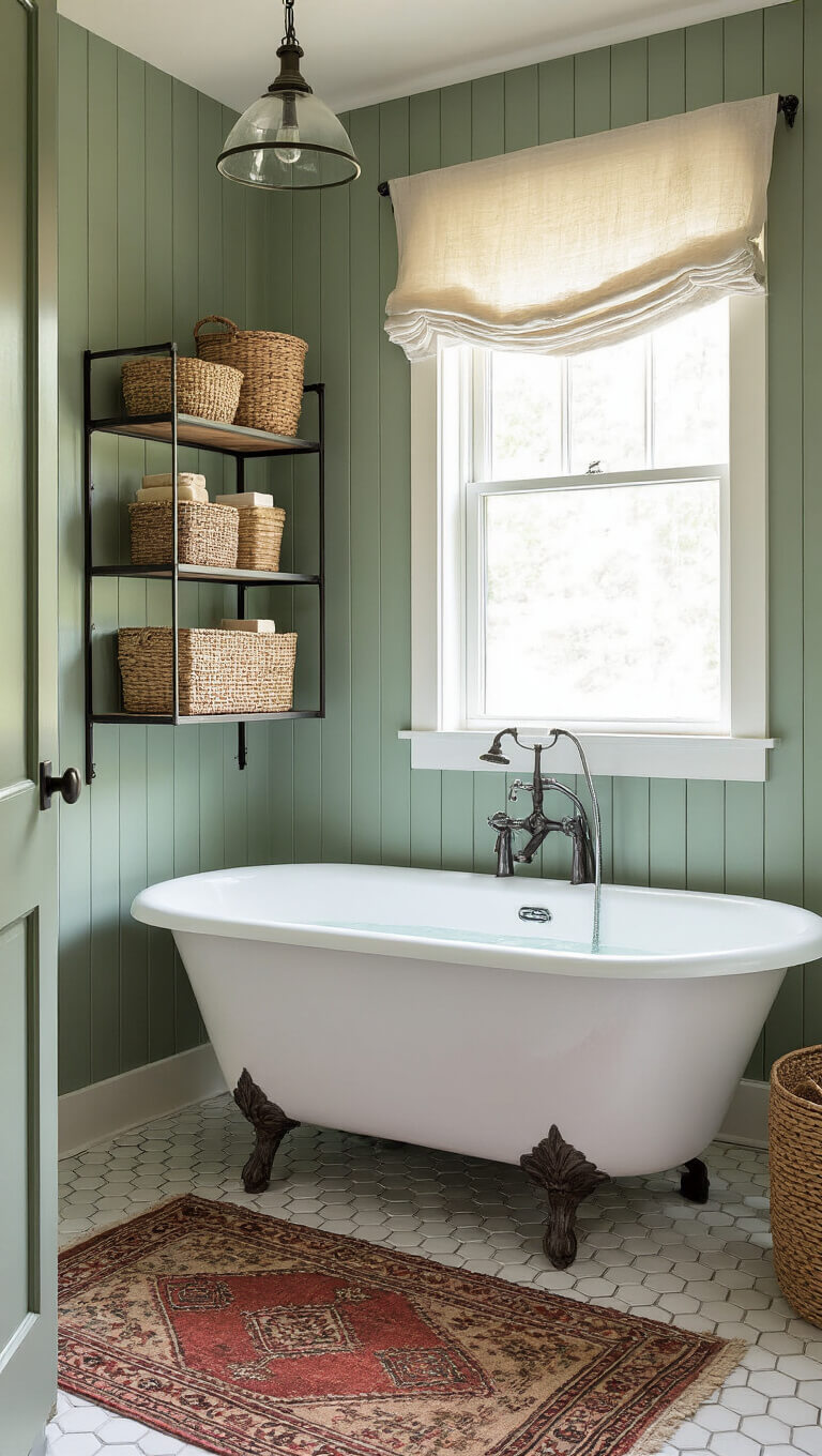 Serene 8x10ft bathroom with clawfoot tub against sage green shiplap wall, vintage Turkish rug on hex tile floor, iron and glass shelving with baskets and soaps, and soft light through gauzy linen curtain.