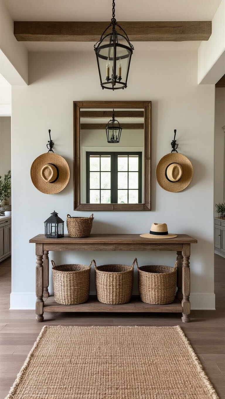 Welcoming entryway with 10ft ceiling, reclaimed wood console, antique mirror, vintage baskets on iron hooks, straw hats, earth-toned runner, and wrought iron lantern in natural light.