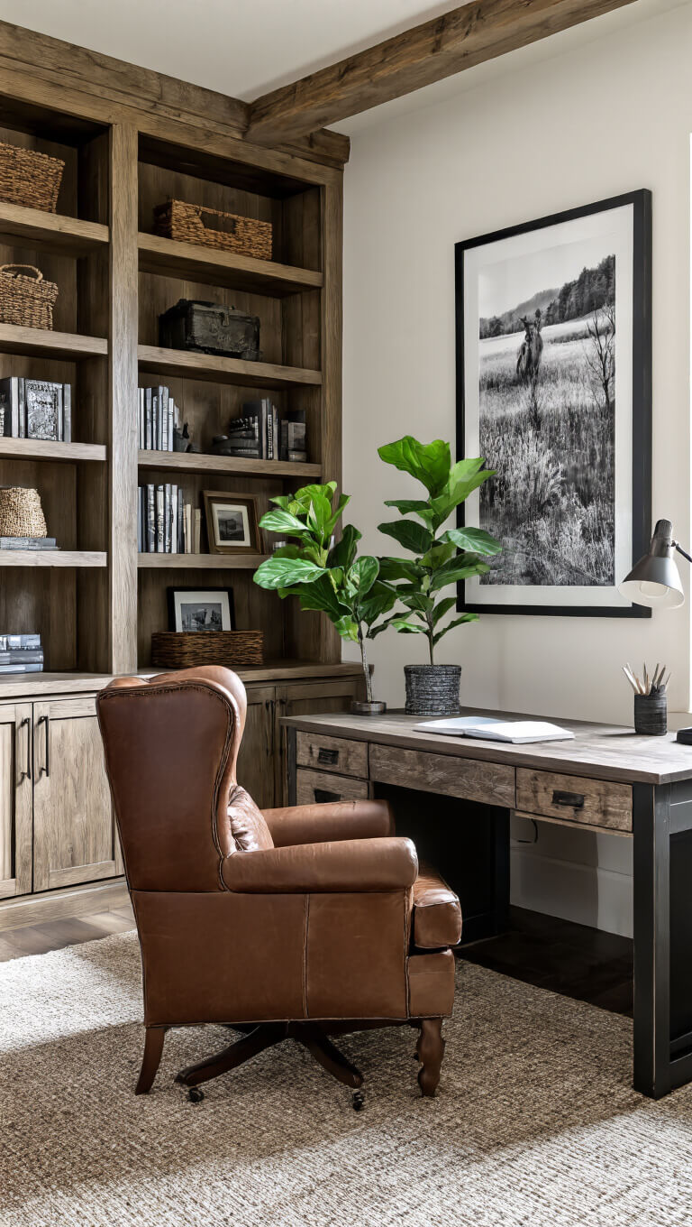 Contemporary rustic home office with weathered oak bookshelves, leather wingback chair, industrial desk, gallery wall of black and white nature photos, and fiddle leaf fig in afternoon light.