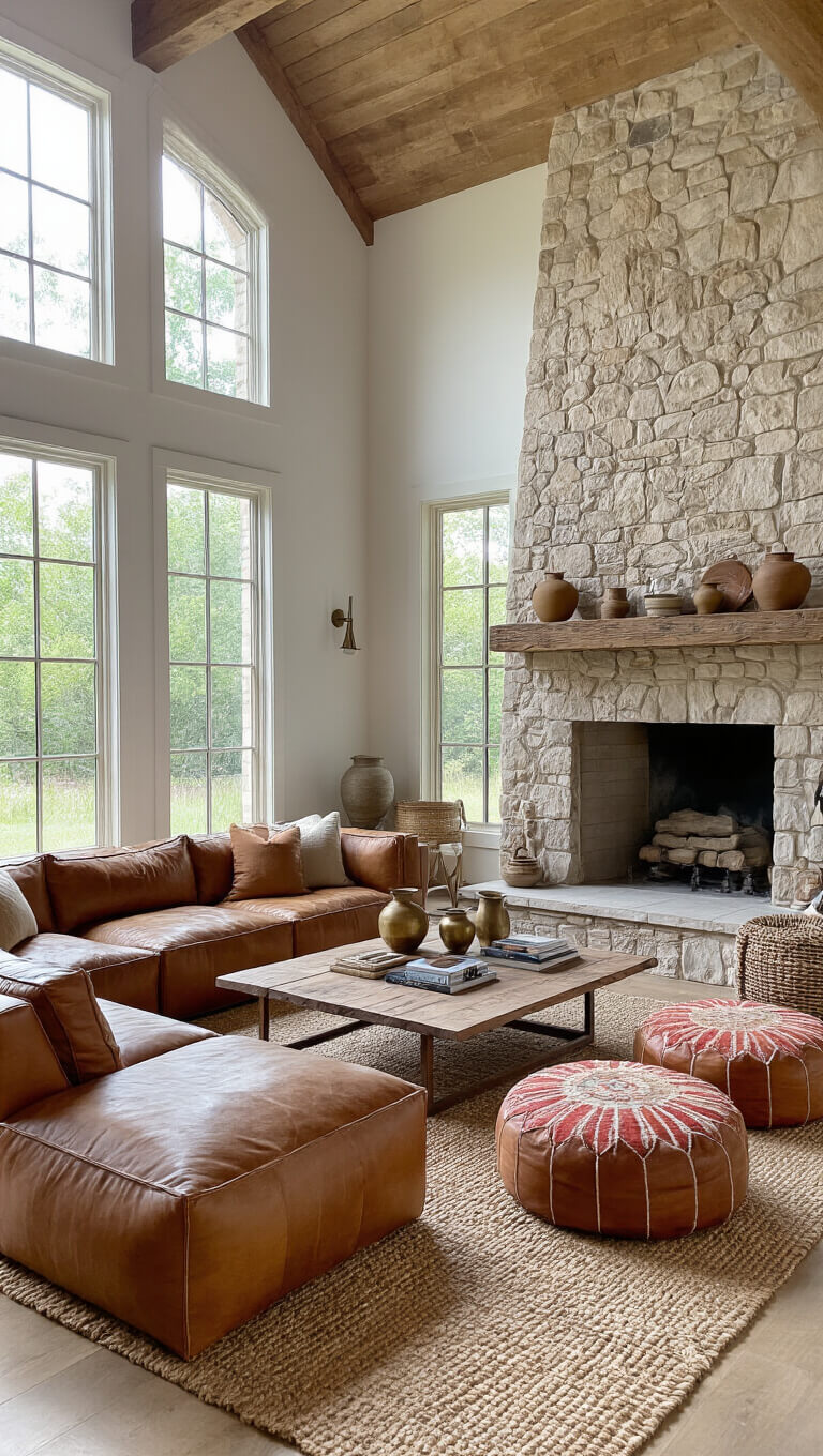 Sunlit cathedral-ceiling great room with stone fireplace, leather sectional, kilim poufs, and layered jute rug.