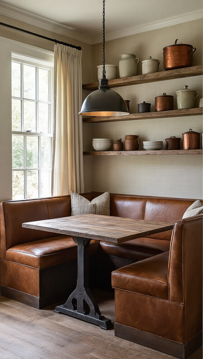 Rustic-modern kitchen nook with aged leather banquette, vintage farm table, open shelves displaying ironstone and copper, industrial pendant light, grasscloth wallpaper, and morning light through cafe curtains.
