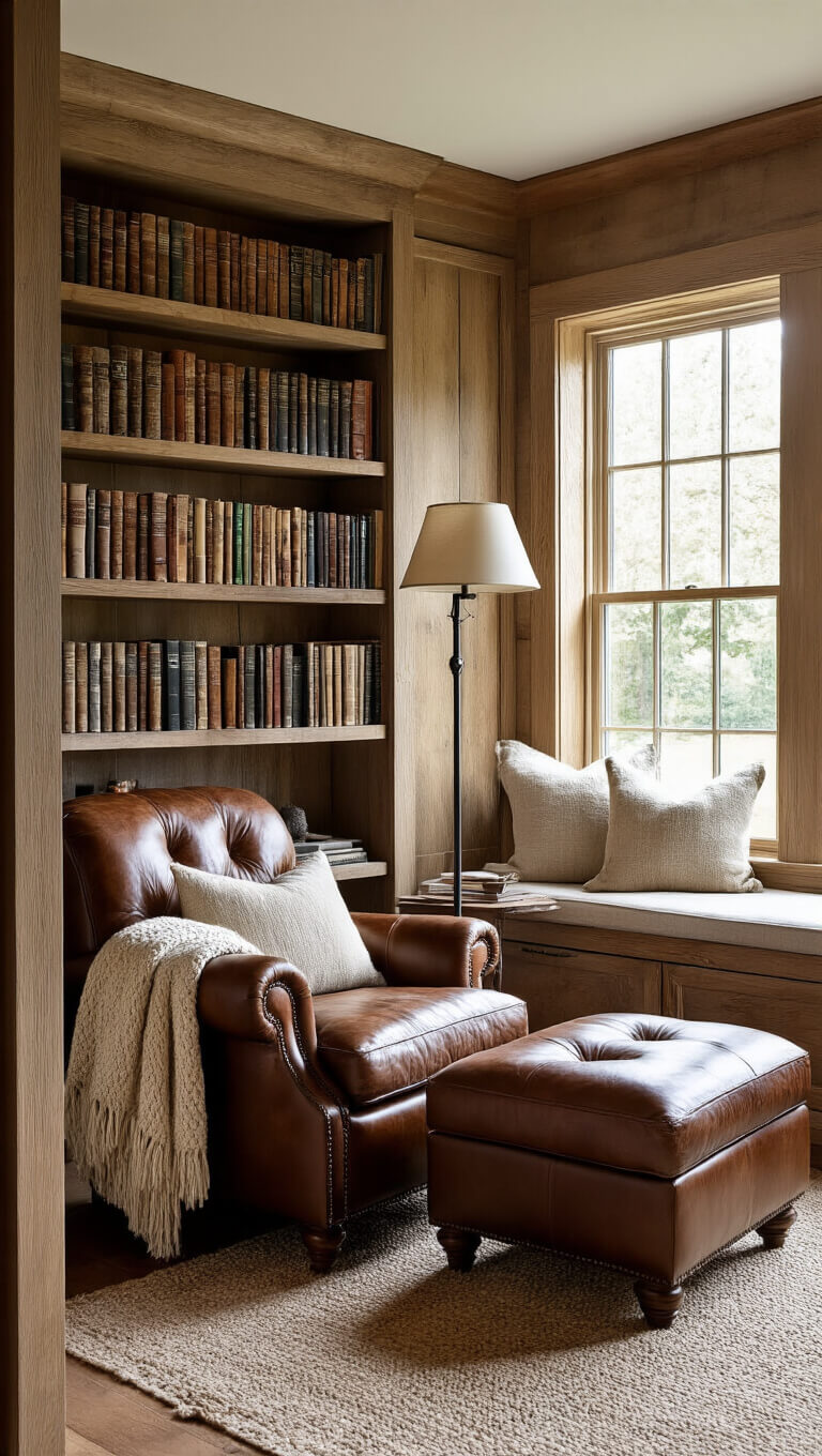 Cozy reading nook with tall reclaimed pine bookcase, oversized leather armchair and ottoman, vintage floor lamp, and textured pillows in warm afternoon light.