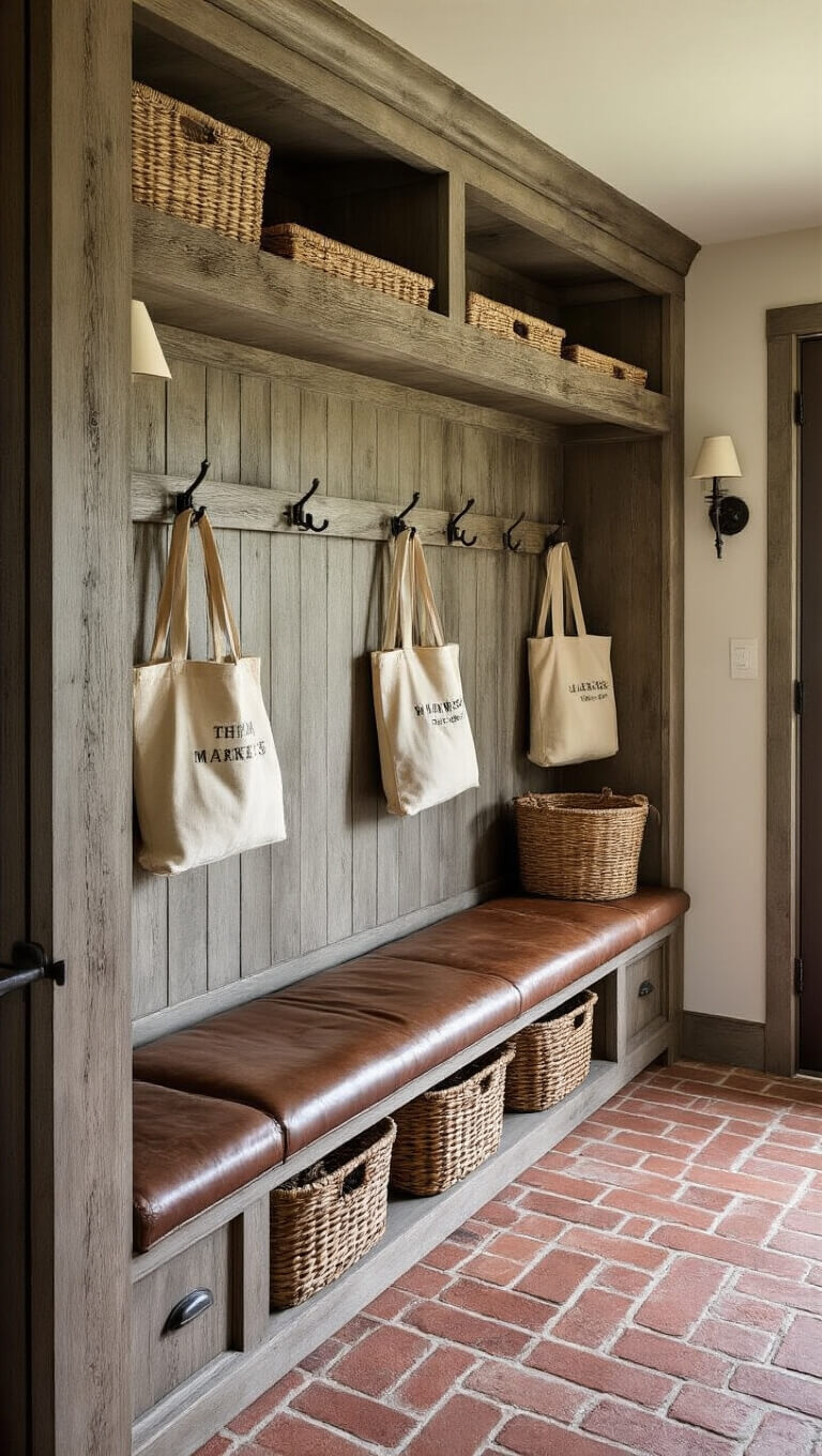 Farmhouse mudroom with weathered wood storage, iron hooks holding canvas bags and baskets, herringbone brick floor, and vintage bench with leather cushion.