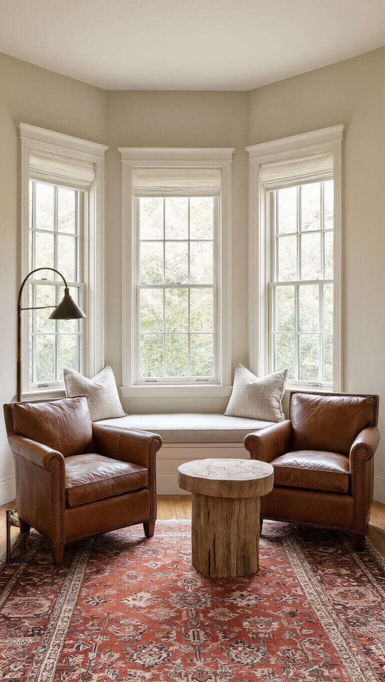 Master bedroom sitting area with bay window, linen window seat, leather club chairs, reclaimed oak table, vintage Persian rug, and warm golden hour lighting.