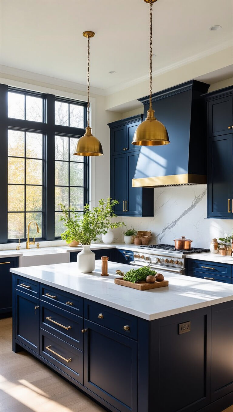 Contemporary navy blue kitchen with quartz island, brass lighting, and golden hour sunlight through tall windows.