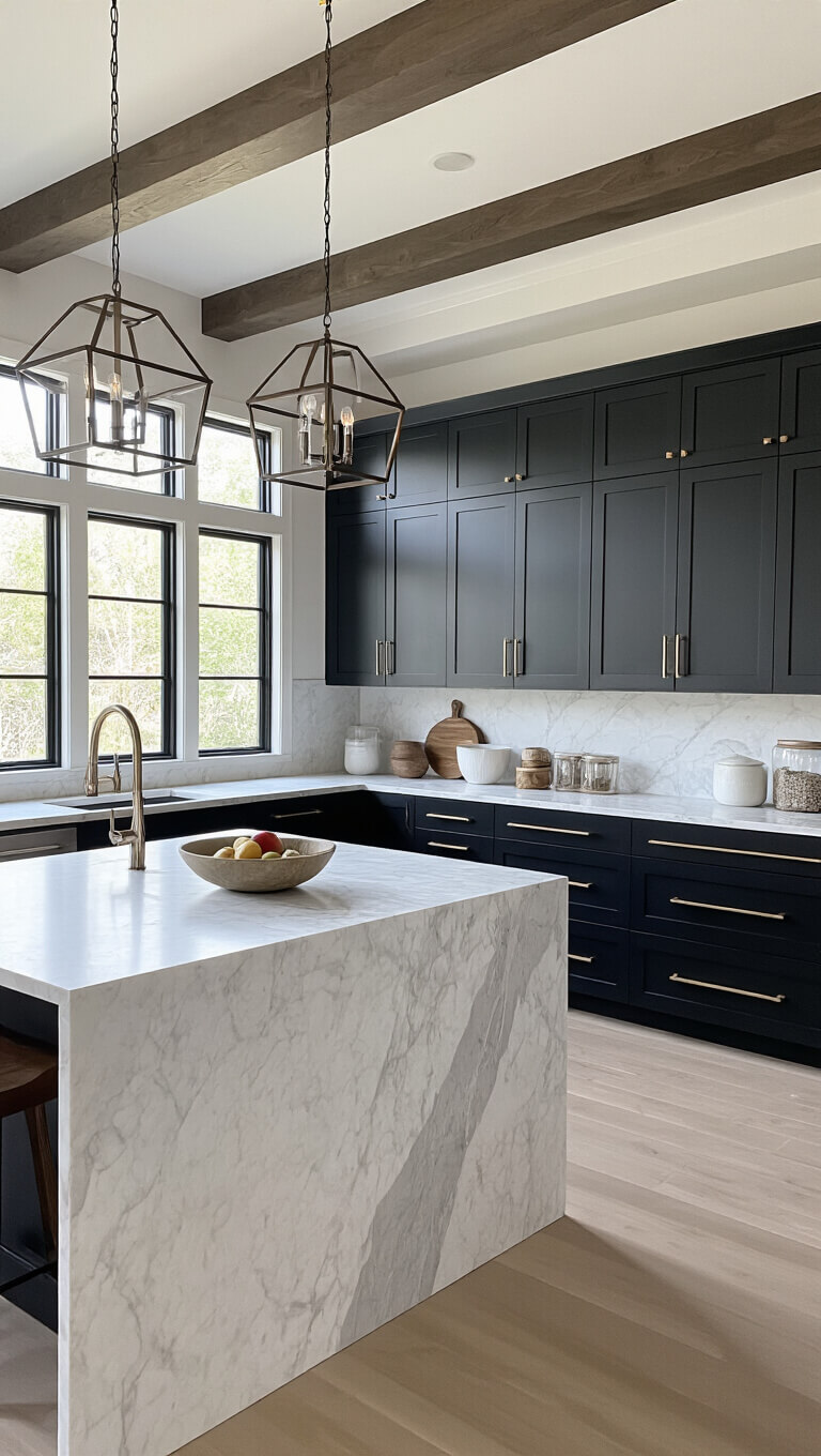 Modern L-shaped kitchen with matte black cabinets, white Carrara marble waterfall island, mixed metal accents, and geometric pendant lighting under 10ft tray ceiling.