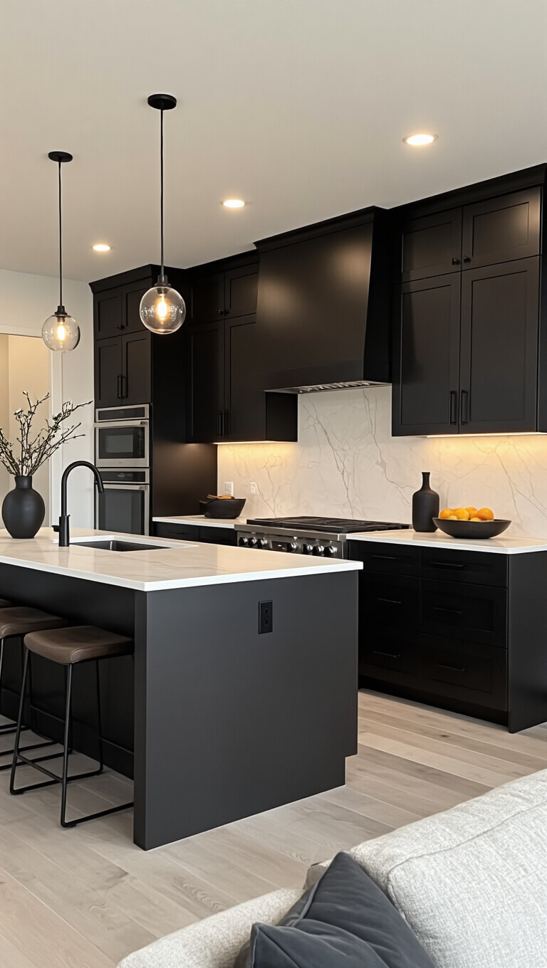 Modern open-concept kitchen with dark cabinets, cream quartz counters, black hardware, and moody dusk lighting viewed from living room.