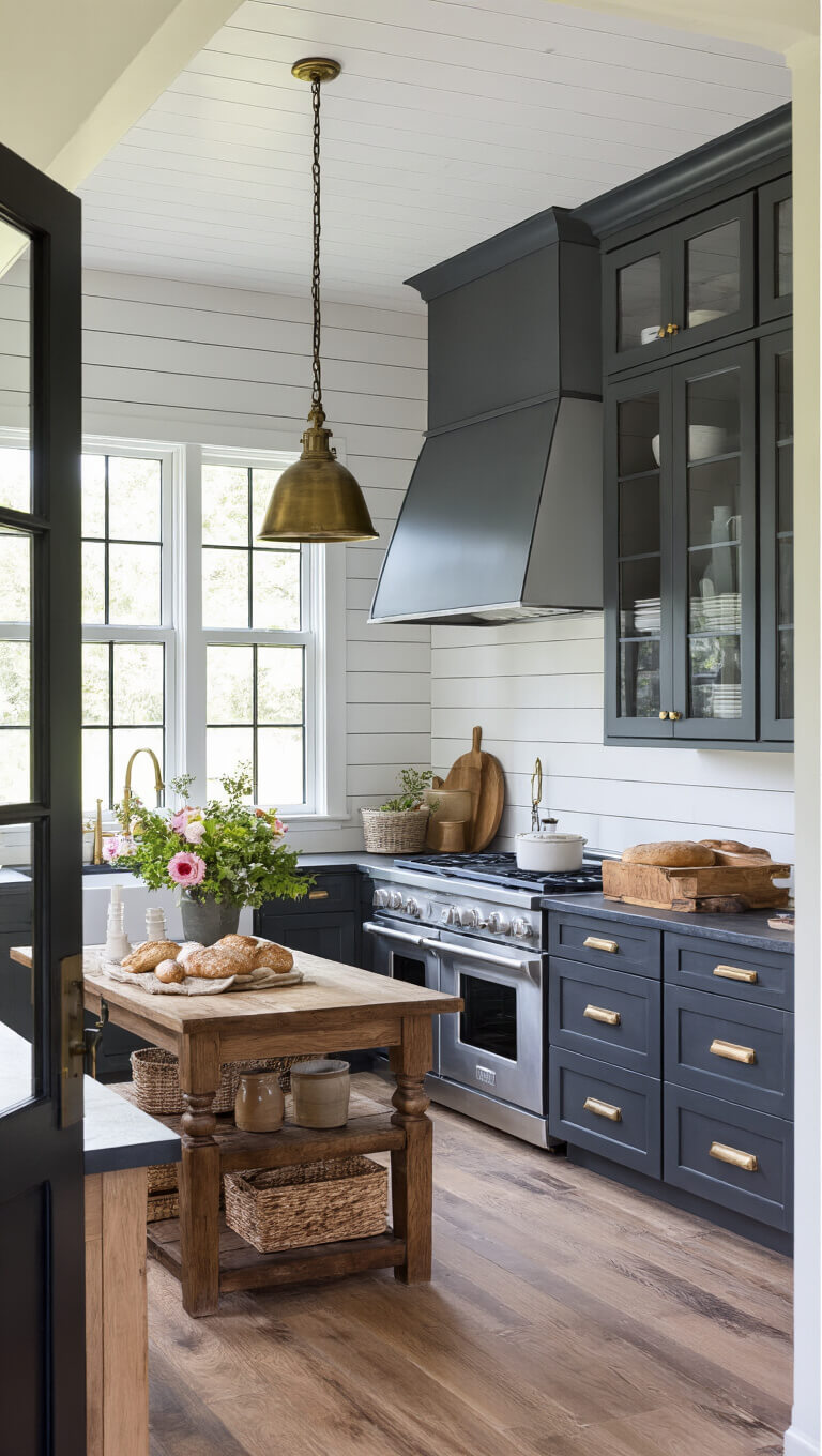 Farmhouse-modern kitchen with charcoal gray cabinets, white shiplap walls, soapstone counters, and brass hardware, styled with vintage accents and lit by natural morning light.
