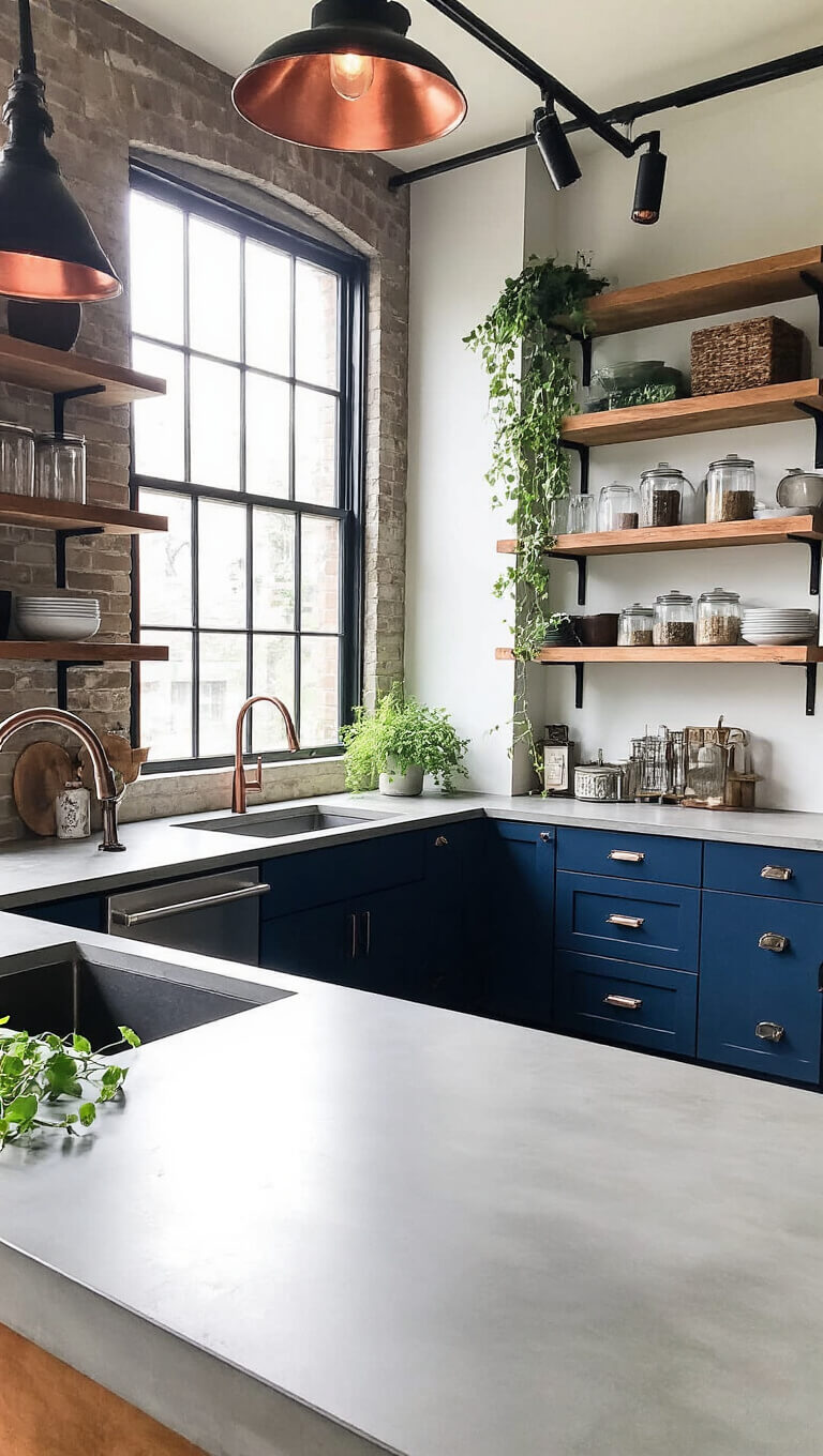 Urban loft kitchen with midnight blue cabinets, floating steel shelves, and industrial windows; concrete countertops, mixed metal fixtures, enamelware, glass canisters, trailing vines, and dramatic modern lighting.