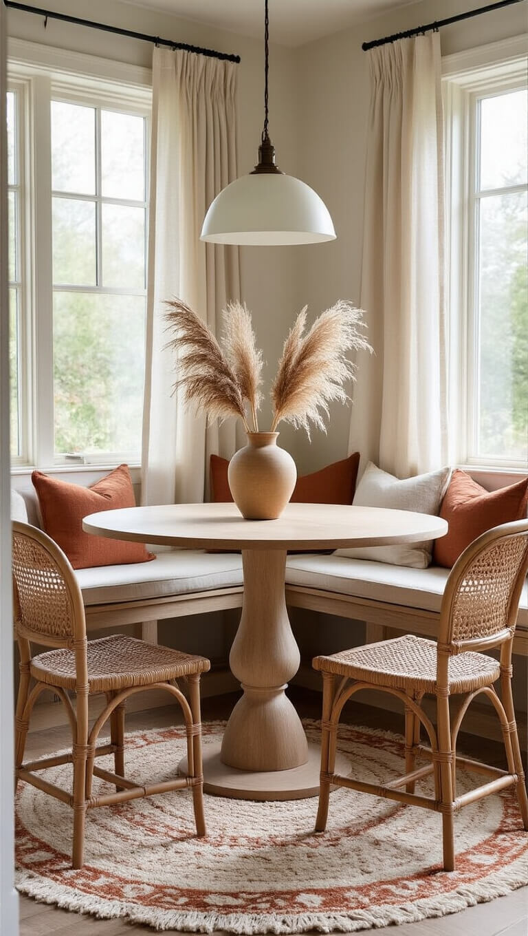 Cozy corner kitchen nook with linen-wrapped built-in bench, round oak table, pampas grass in ceramic vase, rattan chairs, and cream-terra cotta Moroccan rug in soft morning light.