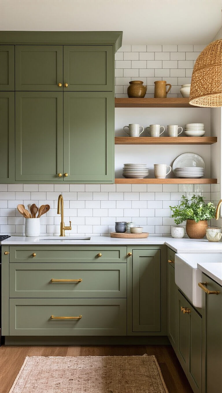 Compact 10x12ft kitchen with floor-to-ceiling sage green cabinets, brass hardware, white subway tile backsplash, wooden shelves with handmade ceramics, and warm natural and artificial lighting in a contemporary bohemian style.