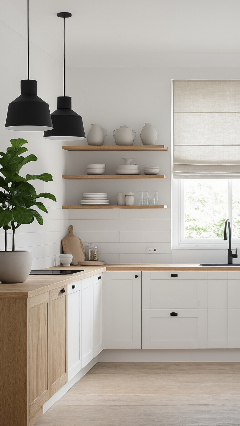 Modern U-shaped kitchen with white and natural oak cabinetry, black geometric pendant lights, open shelving with minimalist ceramics, linen roman shade, and a potted fiddle leaf fig, shown from a low angle in natural rim lighting.