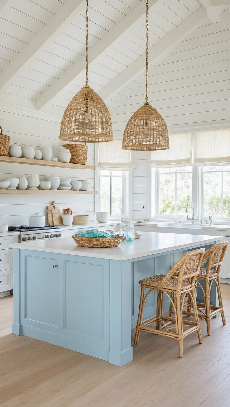 Coastal kitchen with white shiplap walls, pale blue island, rattan pendant lights, open shelving displaying ceramics and sea glass, and linen café curtains in bright, airy lighting.