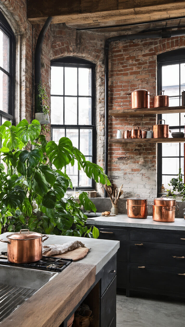 Industrial-bohemian kitchen with exposed brick wall, black steel-framed windows, concrete countertops, wooden open shelves, vintage copper cookware, and large philodendron in moody natural light.