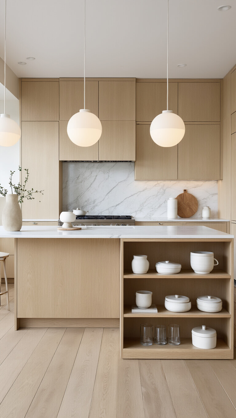 Scandinavian minimal kitchen with blonde wood accents, warm white floor-to-ceiling cabinets, marble backsplash, ceramic pendant lights, and styled open shelving featuring white pottery and glass.