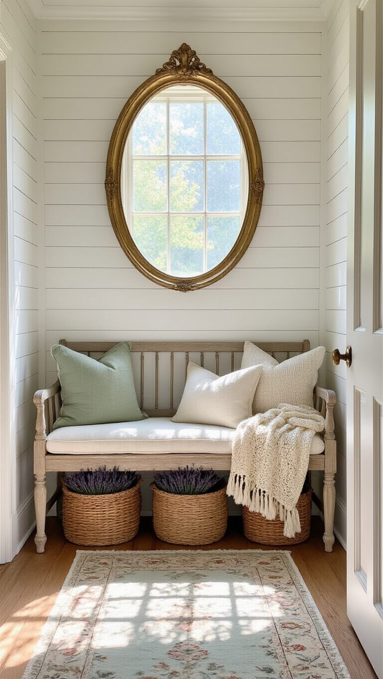 Sunlit cottagecore foyer with white shiplap walls, oak bench with cream cushions and sage throws, gilt mirror above, woven baskets below, dried lavender, and floral runner, bathed in soft morning light.