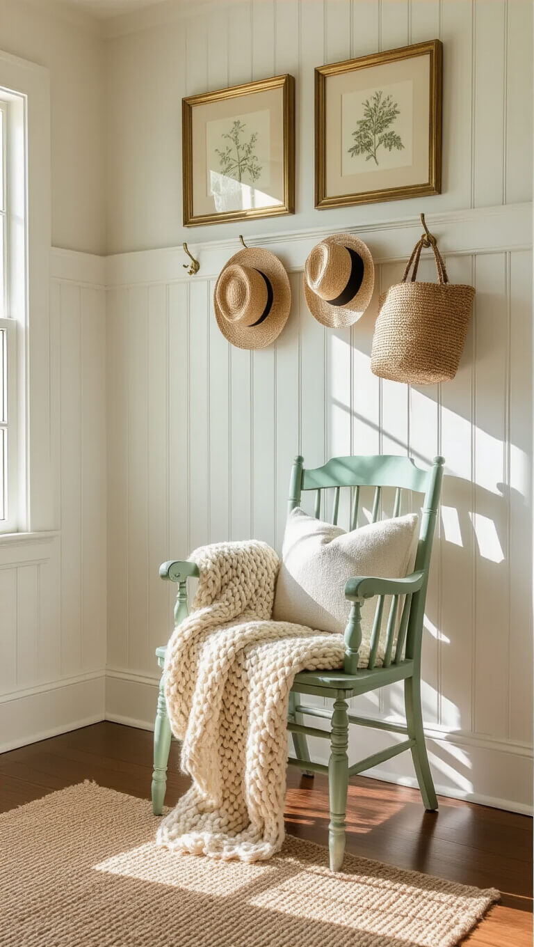 Cozy entryway nook with cream beadboard, mint antique chair with knit throw, vintage brass hooks holding straw hats and bags, and botanical prints in brass frames, bathed in warm afternoon light.