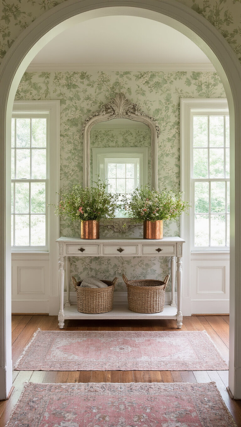 Victorian-style entryway with floral wallpaper, vintage console table with wildflowers, ornate mirror reflecting garden, and layered faded rugs on original hardwood floor.