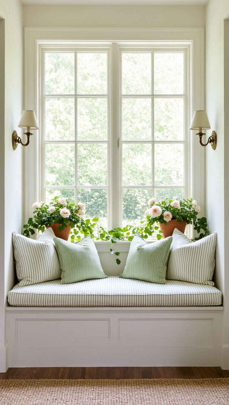 Built-in window seat beneath large mullioned window in whitewashed alcove, with sage green cushions, embroidered pillows, trailing ivy, brass sconces, and fresh garden roses in milk glass vases.