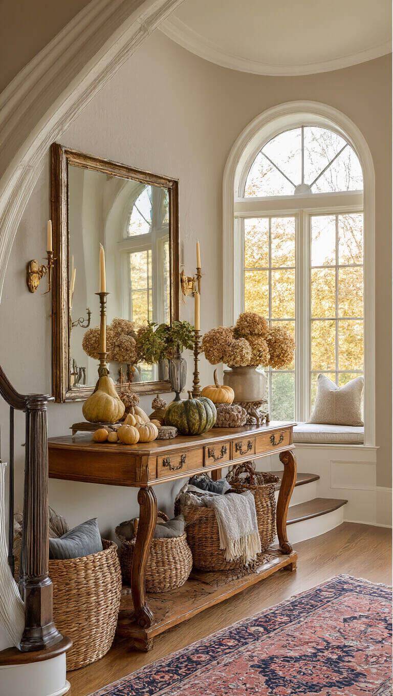 Grand entryway with curved staircase at golden hour, featuring antique oak table with dried hydrangeas, gourds, brass candlesticks, large antiqued mirror, vintage Persian runner in rose and navy, and woven baskets with seasonal throws and pillows.