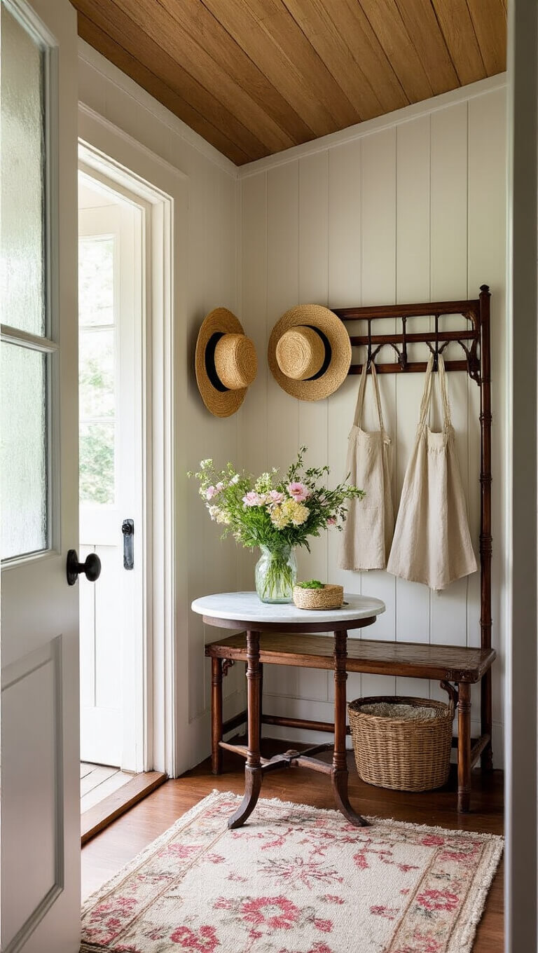 Cozy 6'x8' cottage entry nook with frosted glass door, Victorian bamboo coat rack, vintage straw hats, marble-top table with garden flowers, and a faded floral hooked rug.