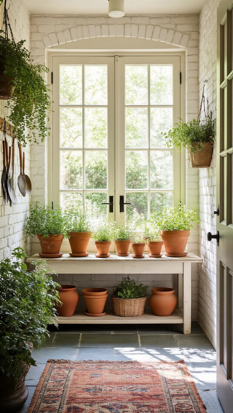 Light-filled garden-inspired entryway with French doors, vintage potting bench displaying terra cotta pots and topiaries, whitewashed brick walls adorned with garden tools, slate flooring with kilim runner, and botanical shadows cast by mid-morning sun.