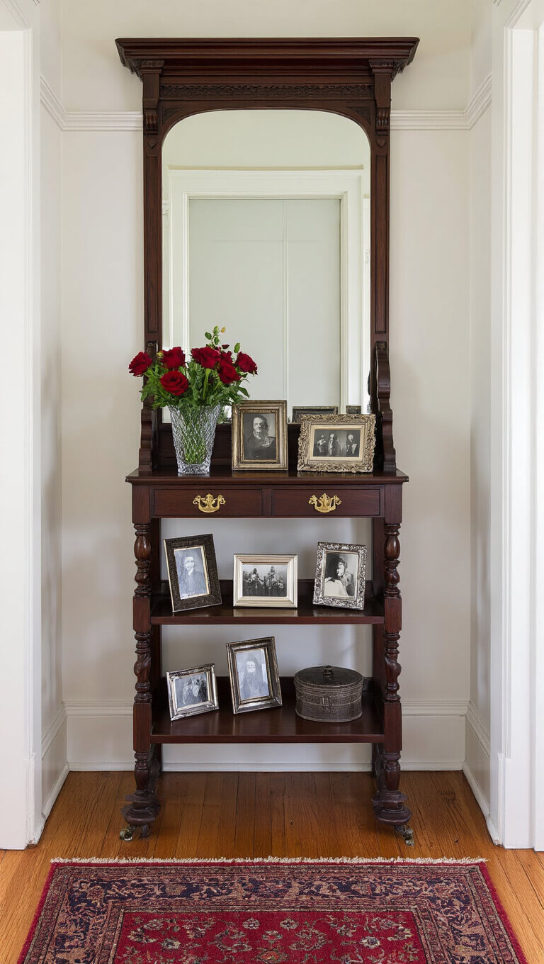Victorian-style entryway with dark oak hall stand, vintage silver-framed photos, wool runner, and crystal vase of roses, bathed in soft afternoon light.