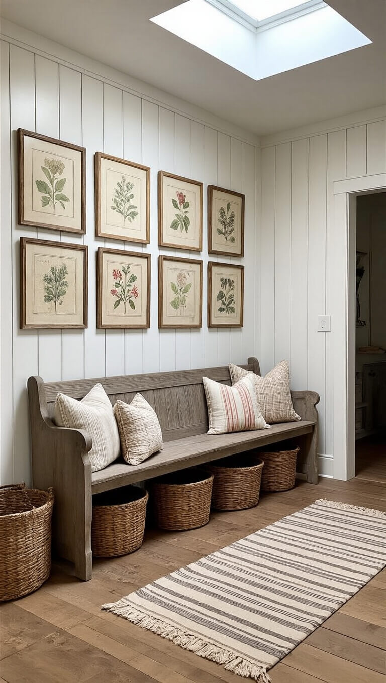 Farmhouse entry with board and batten walls, vintage church pew, botanical print gallery wall, pine floors, and skylight above.