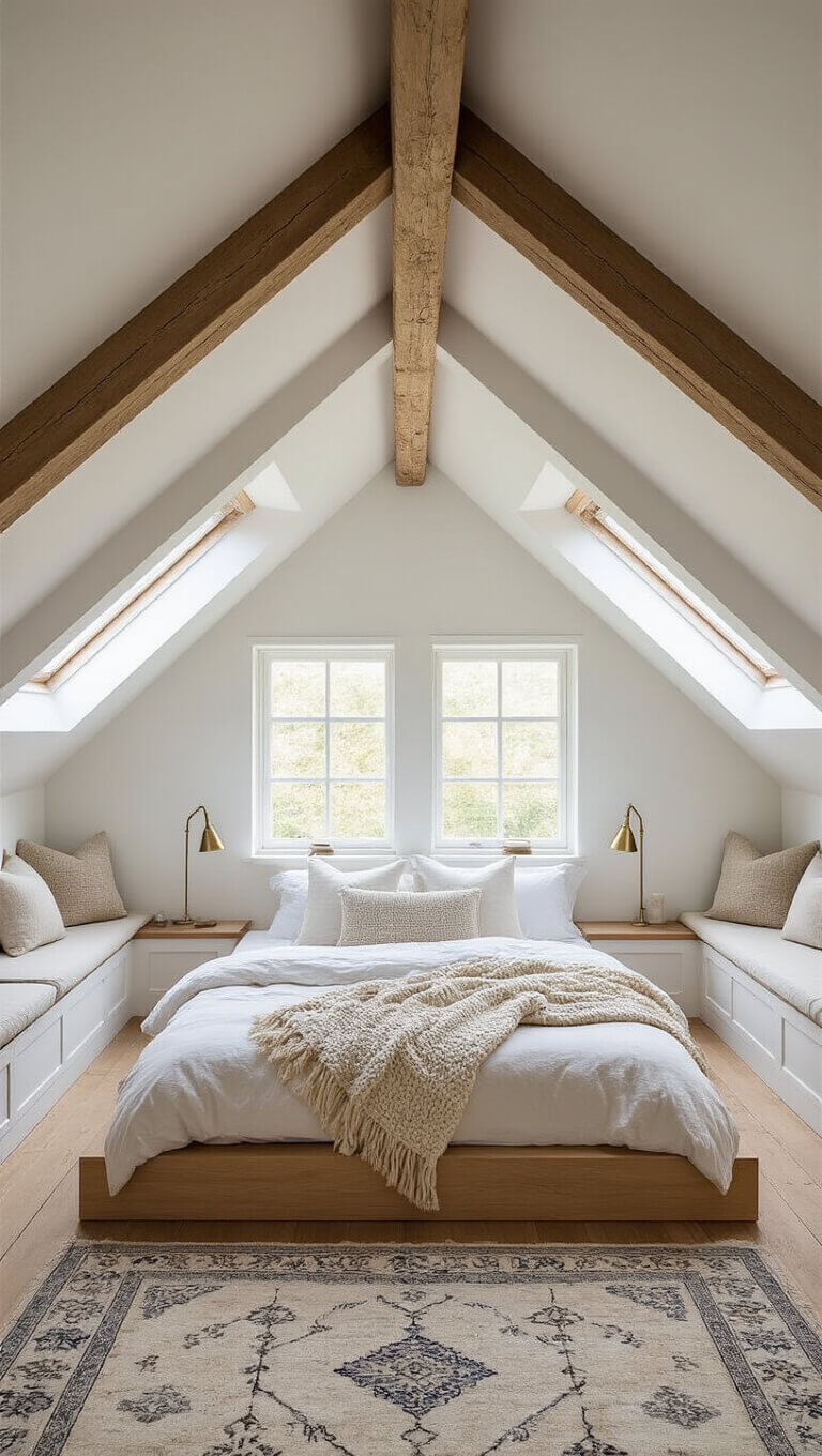 Sunlit attic bedroom with exposed wooden beams, skylights, platform bed, white linens, vintage Persian rug, and built-in window seats with brass sconces.