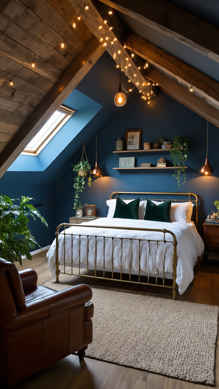 Cozy attic retreat with indigo walls, brass bed, leather chair, string lights, and vintage boho decor.