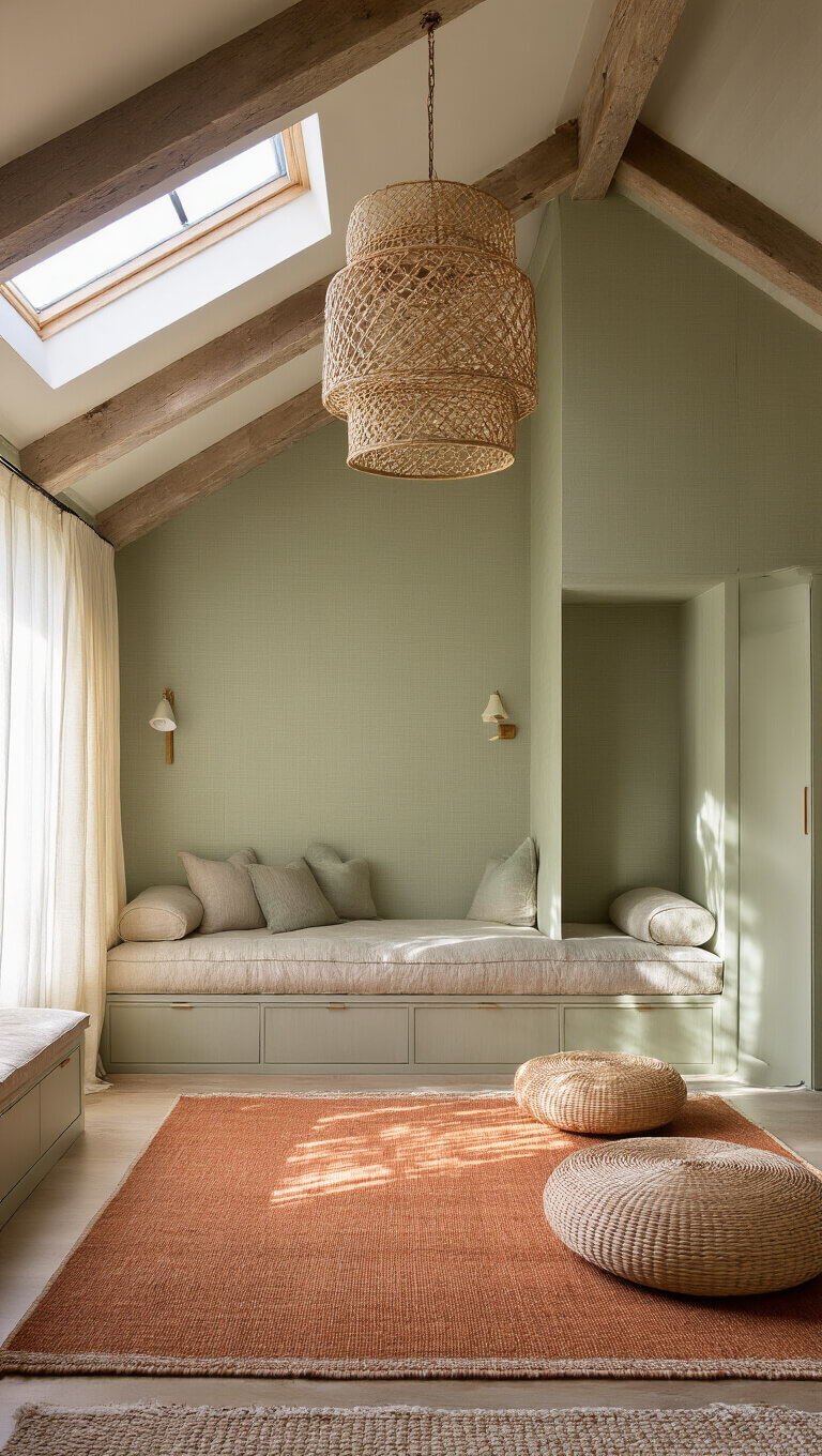 Light-filled attic sanctuary with sloped ceiling, exposed timber beams, built-in sage green bed alcove, terracotta and cream rug, floor cushions, and rattan pendant lighting.