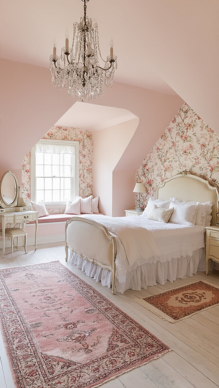 Romantic attic bedroom with vintage French-style decor, blush pink walls, crystal chandelier, antique vanity, floral wallpaper, and elegant bed with lace and silk bedding.