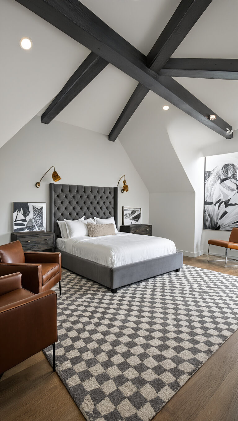 Contemporary attic suite with vaulted charcoal ceiling beams, king-size bed with grey tufted headboard, geometric rug, modern leather chairs, and bold oversized artwork.