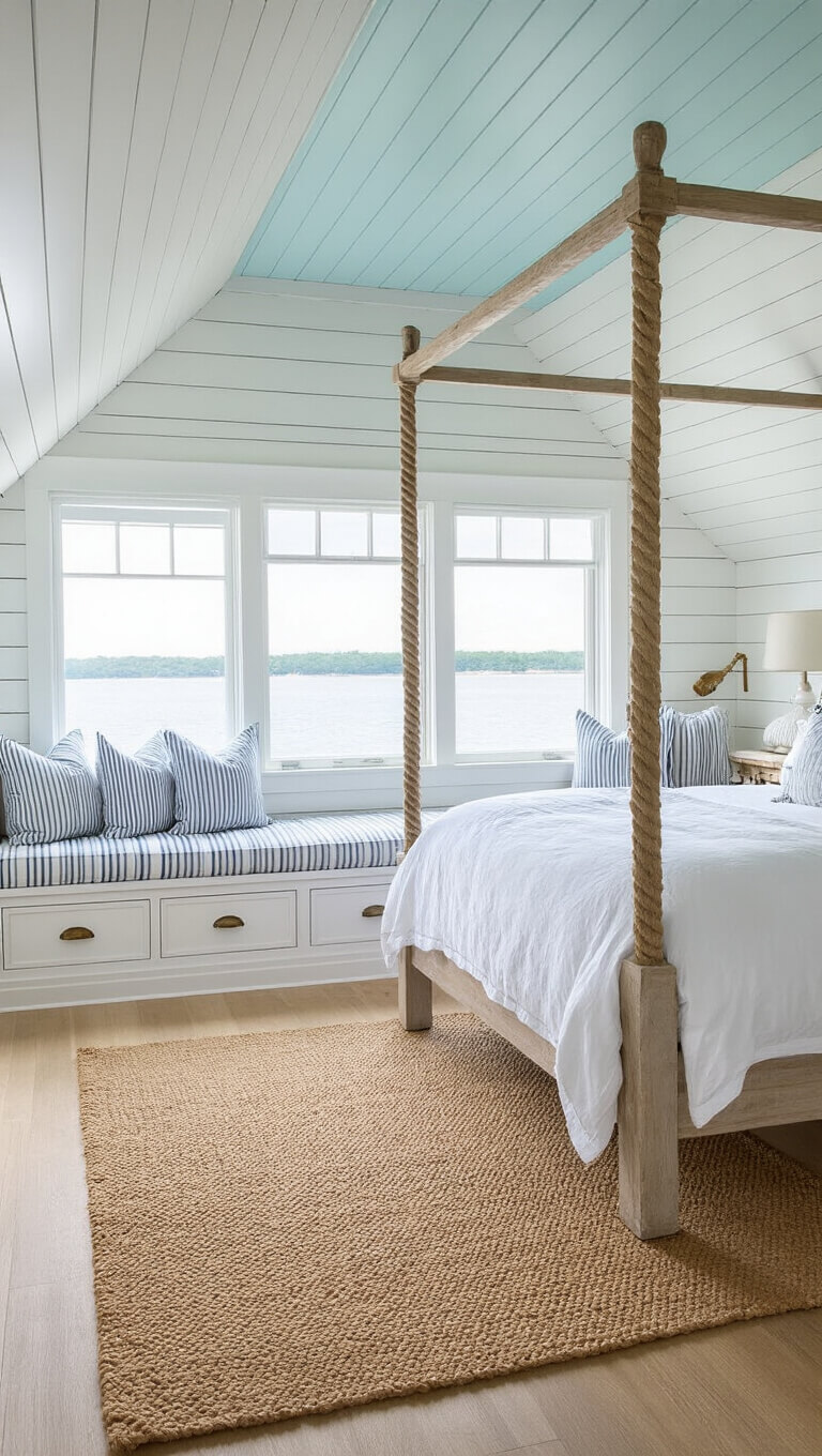 Coastal attic retreat with white shiplap walls, pale blue ceiling, rope four-poster bed, window seat, nautical accents, and waterfront view.