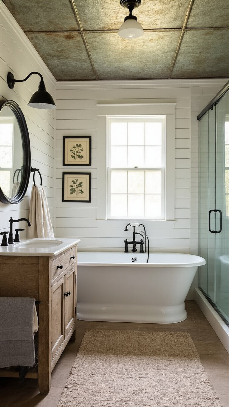 Cozy farmhouse bathroom at dawn with clawfoot tub, shiplap walls, oak vanity, tin ceiling, and warm natural light streaming through frosted window.
