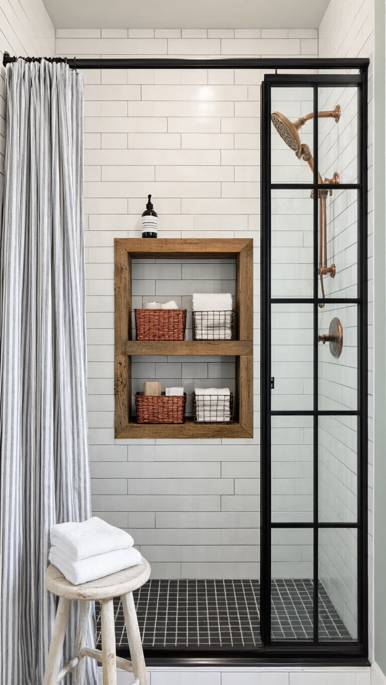 Wide-angle view of vintage-style shower with black-grid glass enclosure, white subway tiles, reclaimed wood shelving, and natural morning light.